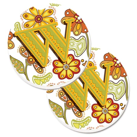 Carolines Treasures Letter W Floral Mustard and Green Set of 2 Cup Holder Car Coaster CJ2003-WCARC